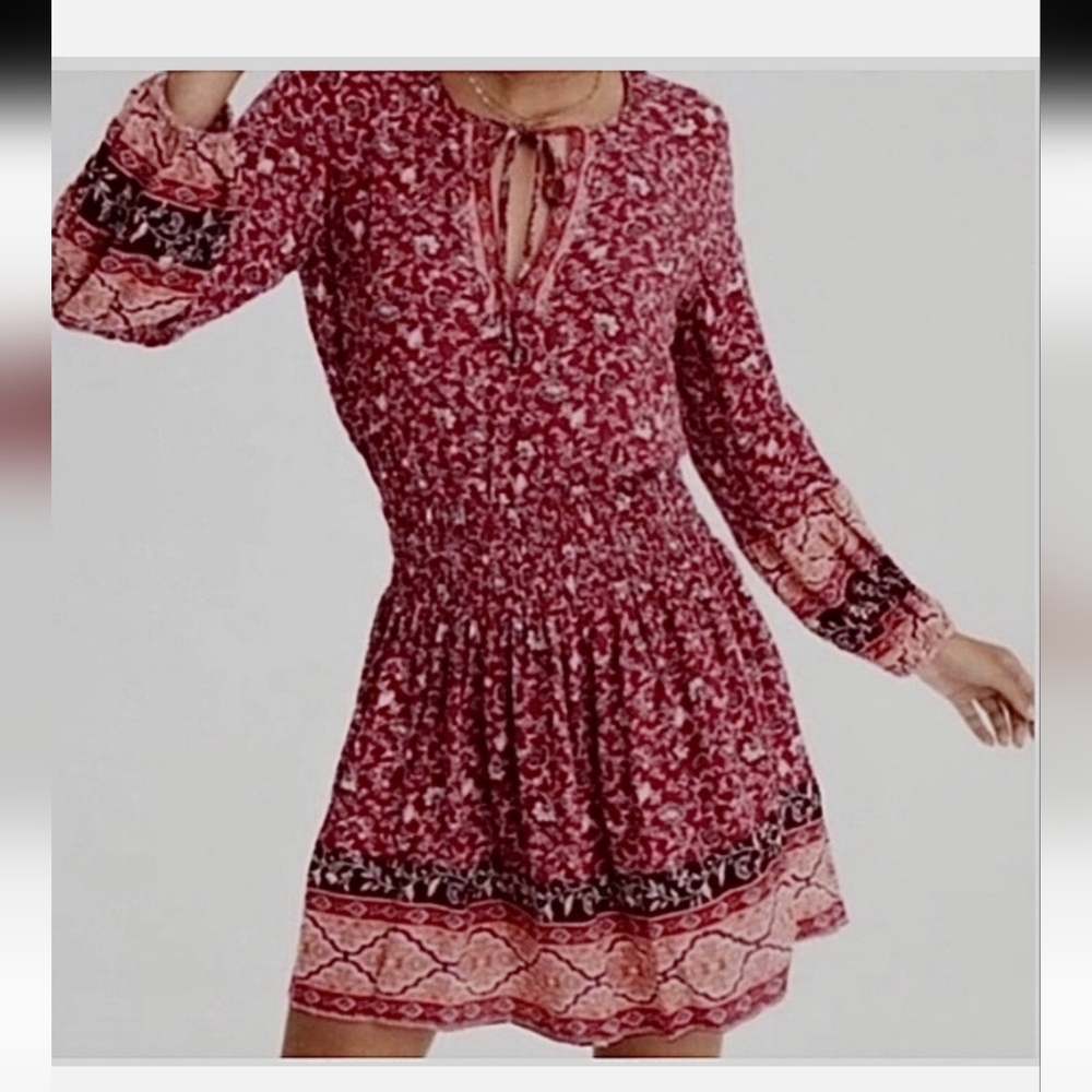 American Eagle Red and Orange Long Sleeve Floral Boho Mini Dress - Picture 12 of 12